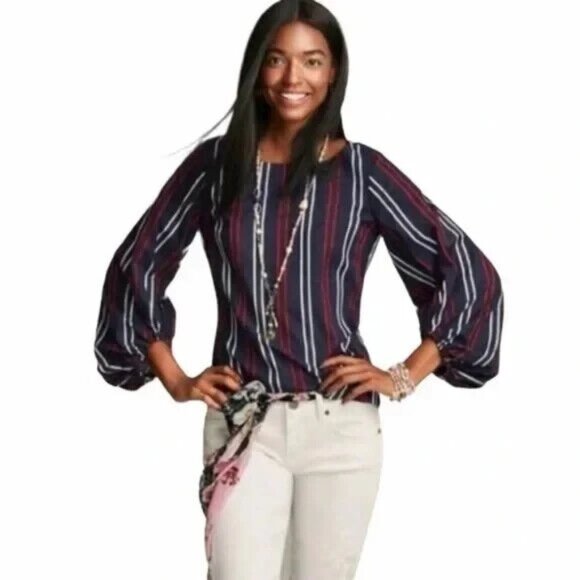 CABI Freedom Stripe Flag Blouse Size Medium Navy, Red, White Balloon Sleeves - Picture 1 of 9